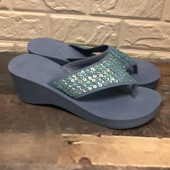 Foam periwinkle blue wedge thongs with sequin size L 9-10 - Picture 4 of 7